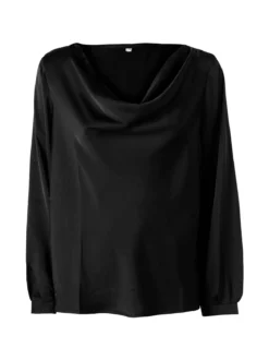 Solada Blusa donna a maniche lunghe in tessuto simil raso con scollo a cascata - nero