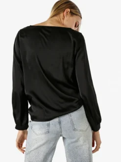 Solada Blusa donna a maniche lunghe in tessuto simil raso con scollo a cascata - nero