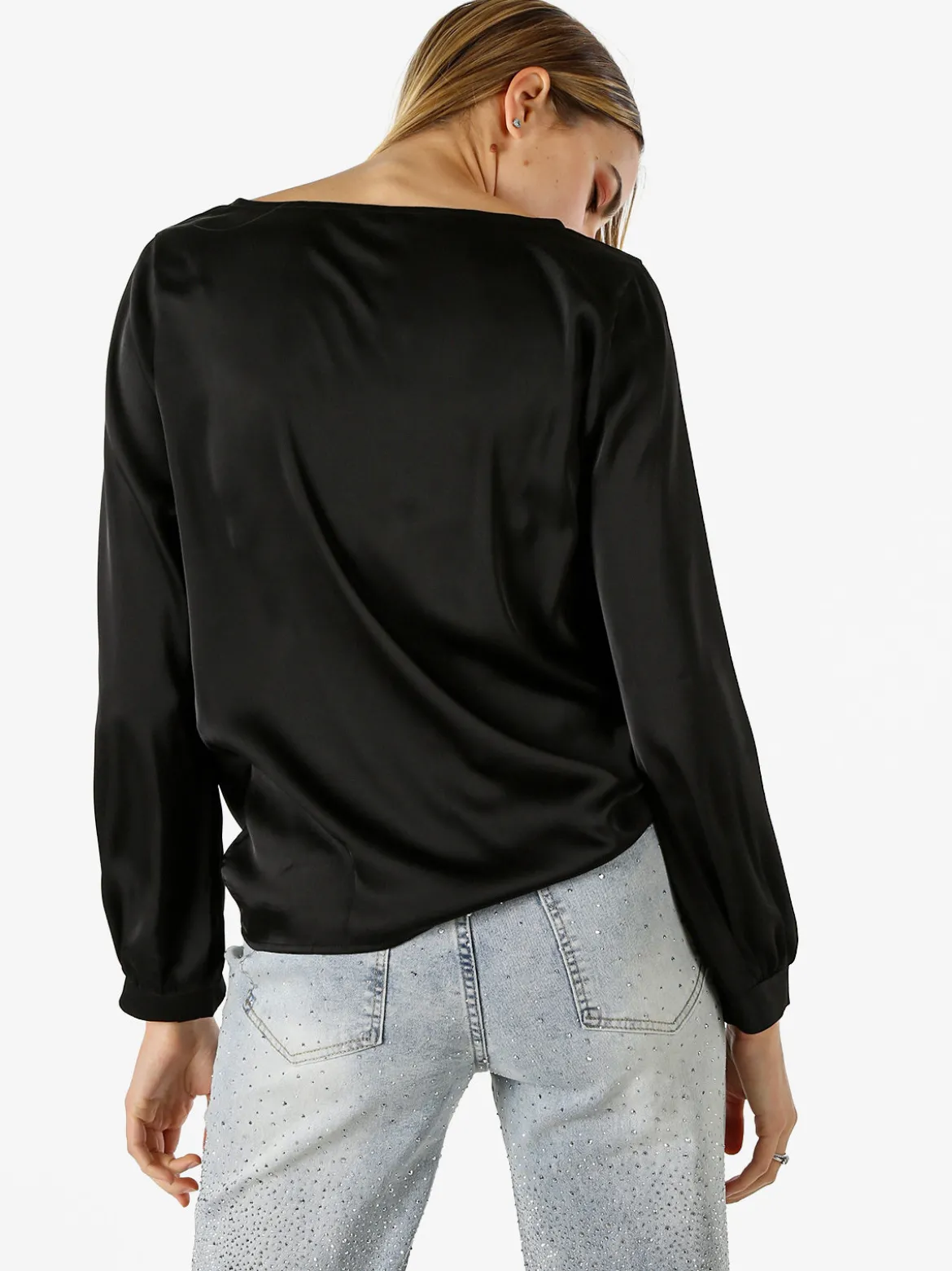 Solada Blusa donna a maniche lunghe in tessuto simil raso con scollo a cascata - nero