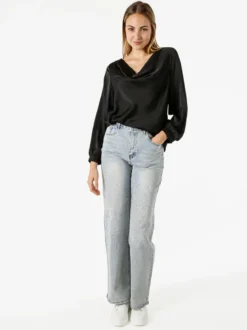 Solada Blusa donna a maniche lunghe in tessuto simil raso con scollo a cascata - nero