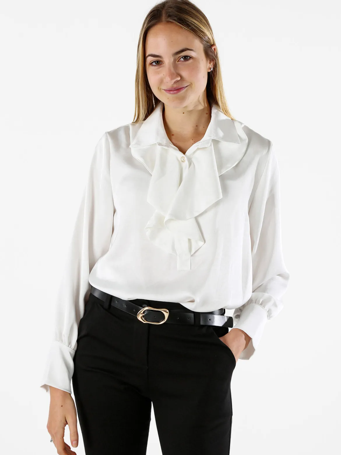 Solada Blusa donna con bottoni di perle e volant sullo scollo - bianco