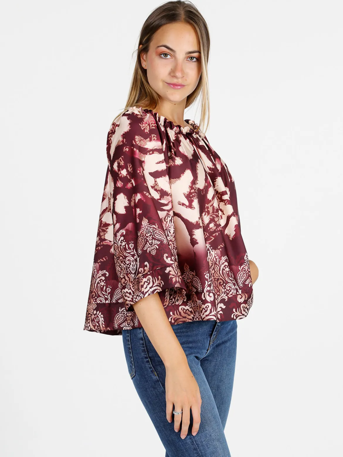 Solada Blusa donna con scollo a barca e maniche corte ampie - bordeaux