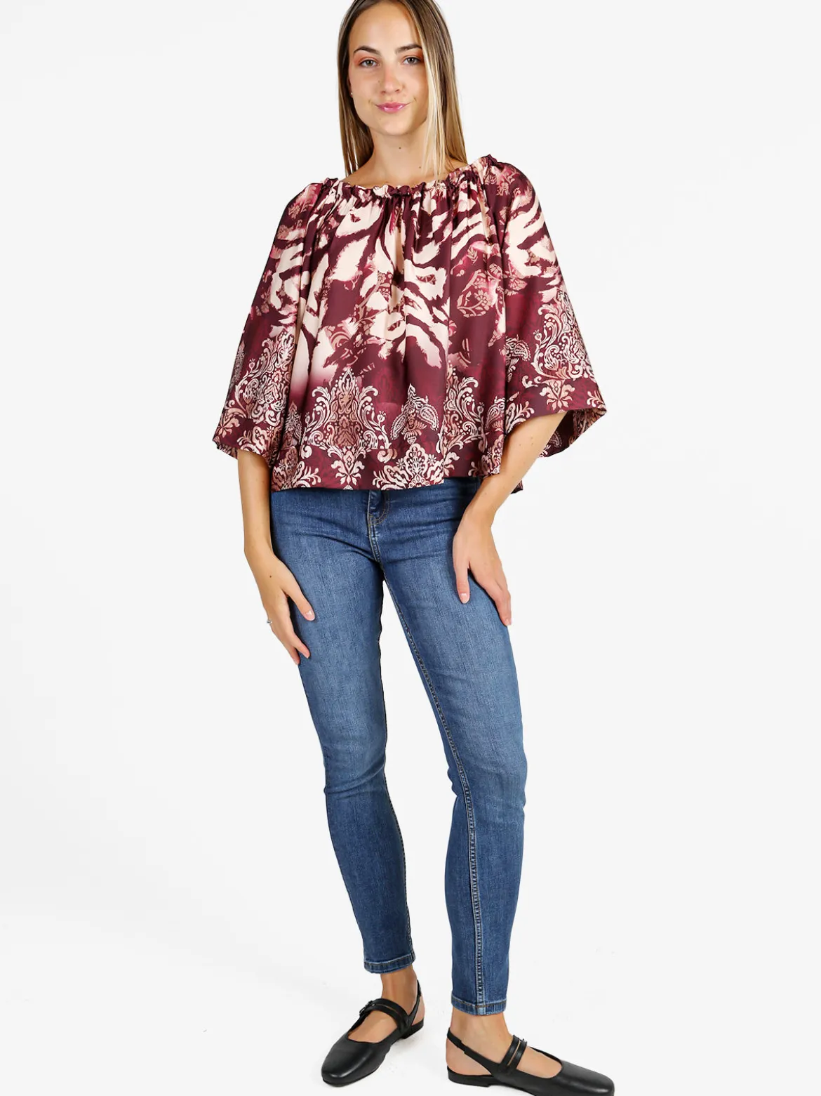 Solada Blusa donna con scollo a barca e maniche corte ampie - bordeaux