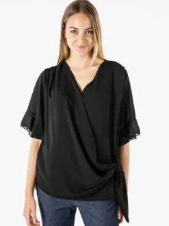 Solada Blusa donna elegante a maniche corte annodata sul fondo - nero