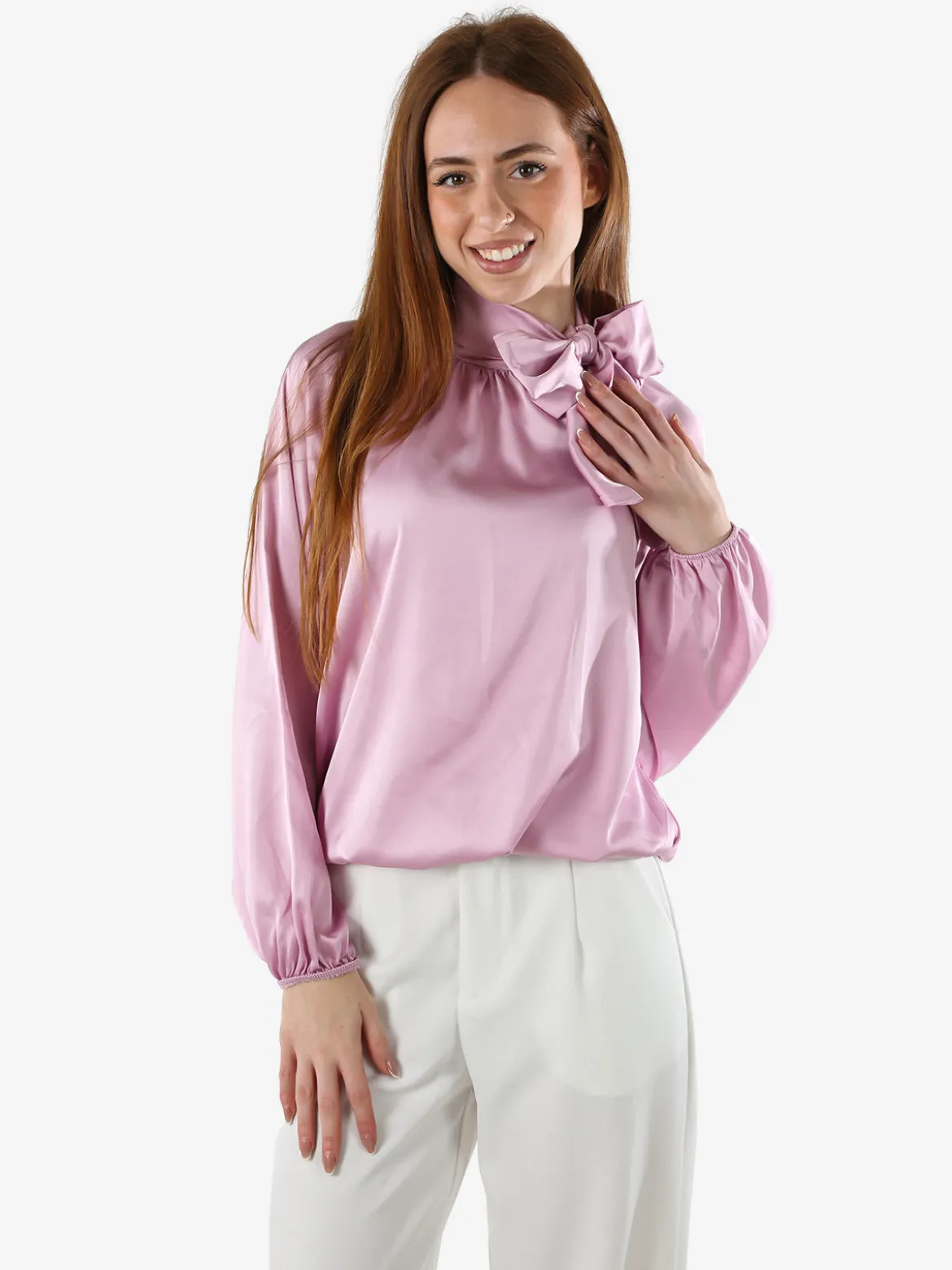 Solada Blusa donna in tessuto simil raso a maniche lunghe - rosa