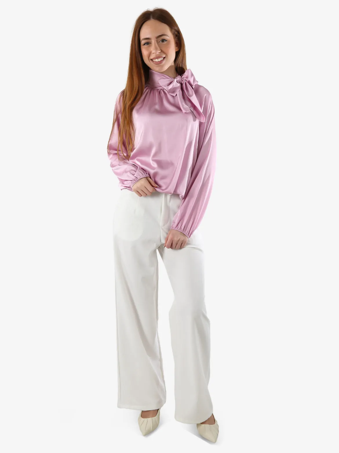 Solada Blusa donna in tessuto simil raso a maniche lunghe - rosa