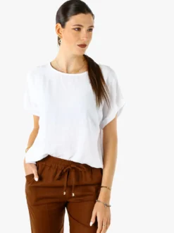 Solada Blusa donna in viscosa a maniche corte con bottoni decorati sul retro - bianco