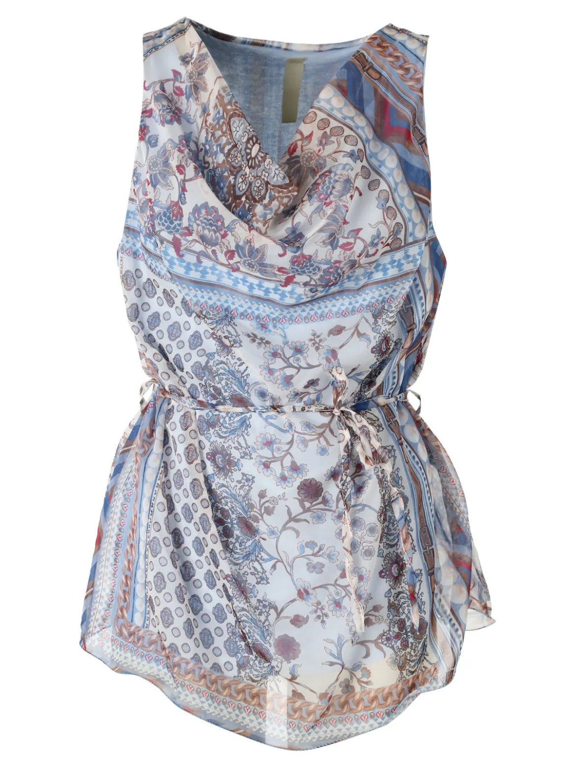 Solada Blusa donna smanicata con scollo a cascata e stampe - azzurro