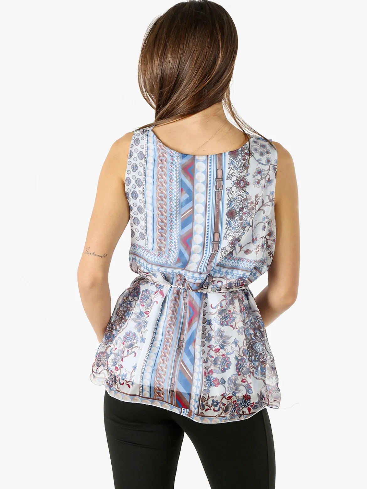 Solada Blusa donna smanicata con scollo a cascata e stampe - azzurro