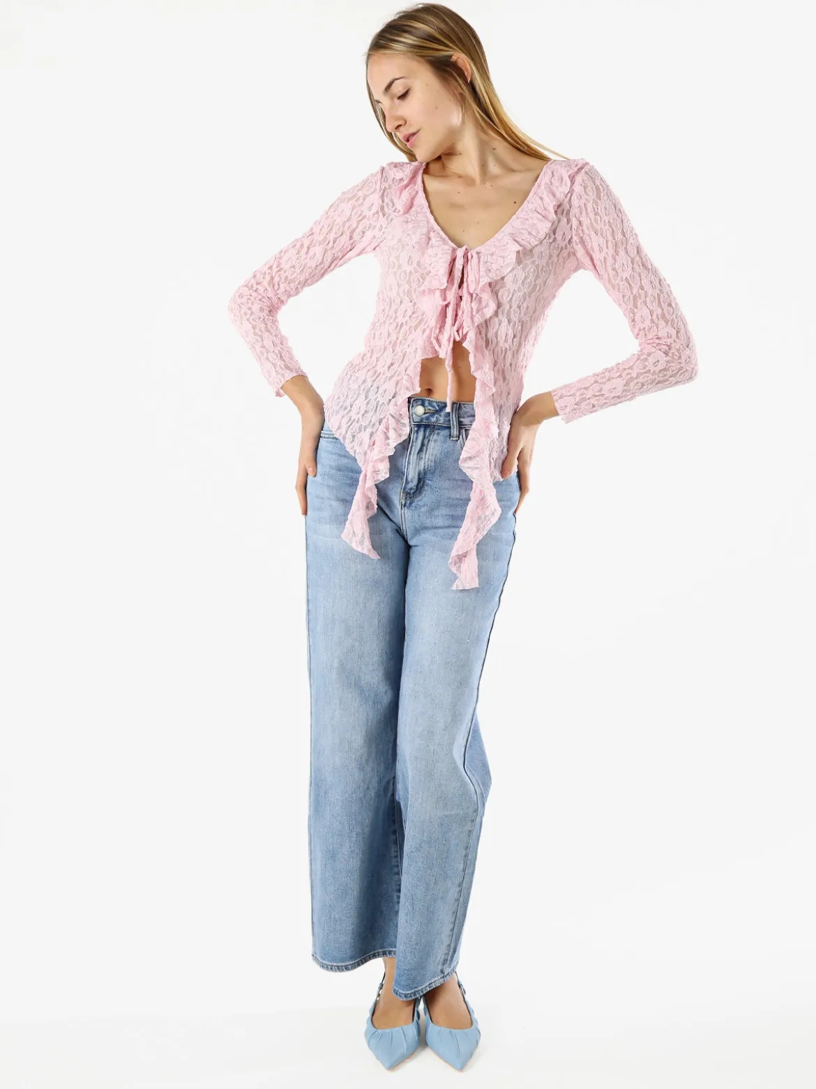 Solada Camicetta donna in pizzo con laccetti a maniche lunghe - rosa