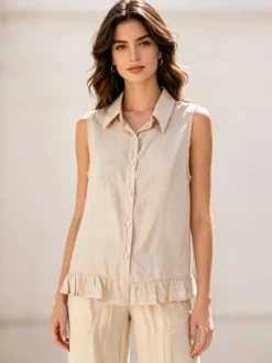 Solada Camicetta smanicata da donna con volant sul finale - beige