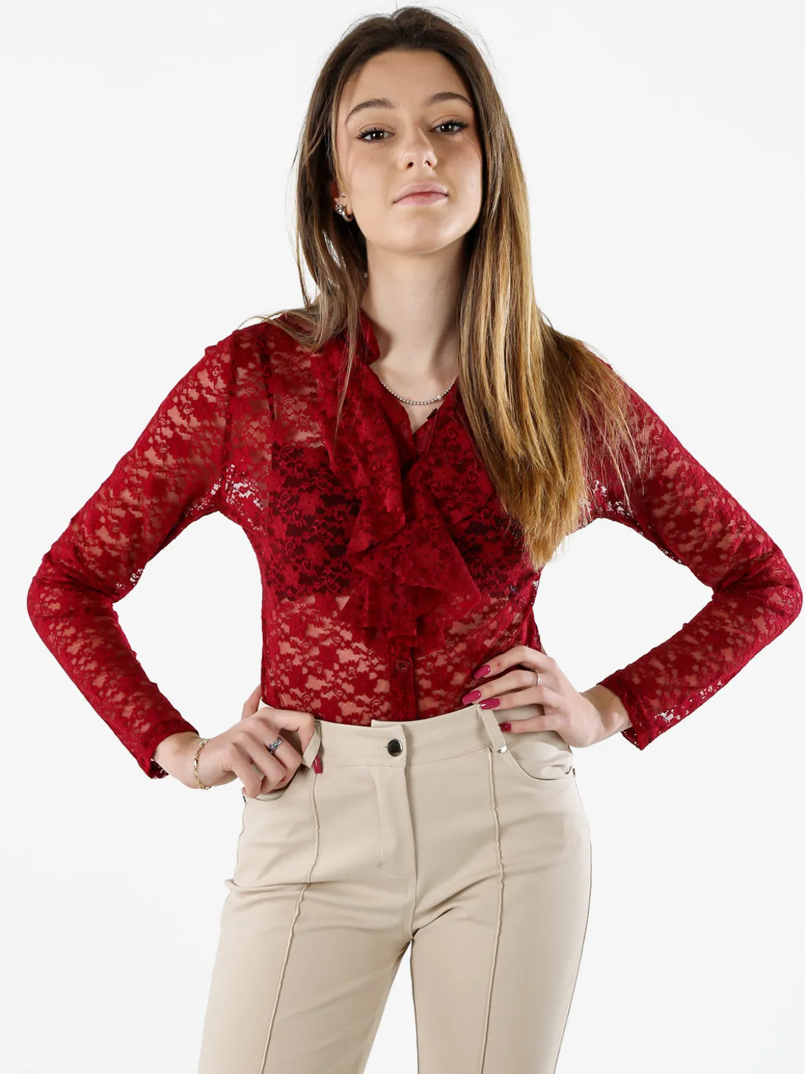 Solada Camicia body da donna in pizzo a maniche lunghe con rouches - bordeaux