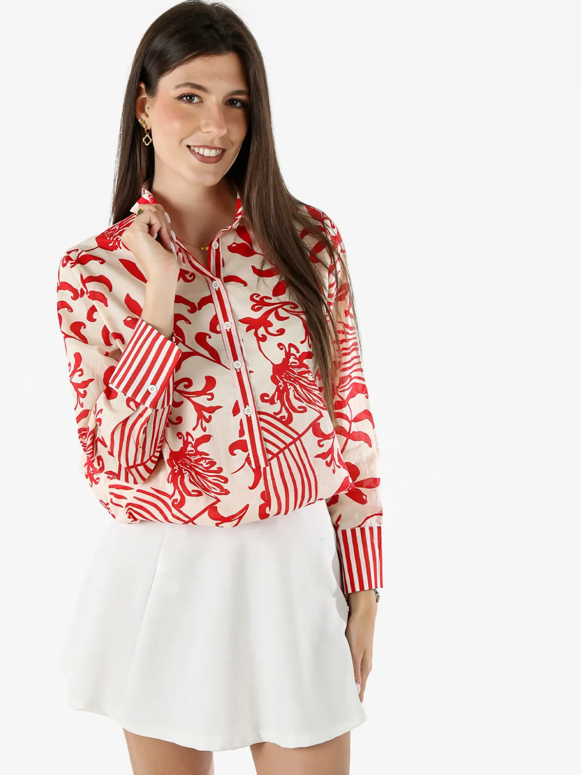 Solada Camicia da donna in cotone a maniche lunghe con stampa floreale - rosso