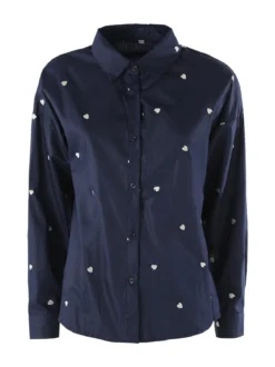 Solada Camicia donna a maniche lunghe in misto cotone con stampa cuori - blu scuro