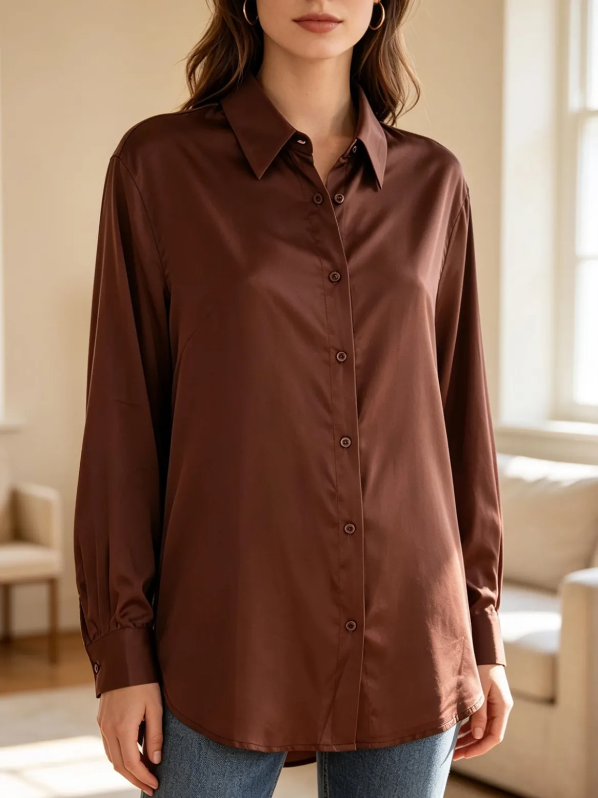 Solada Camicia donna a maniche lunghe in tessuto simil raso - moro
