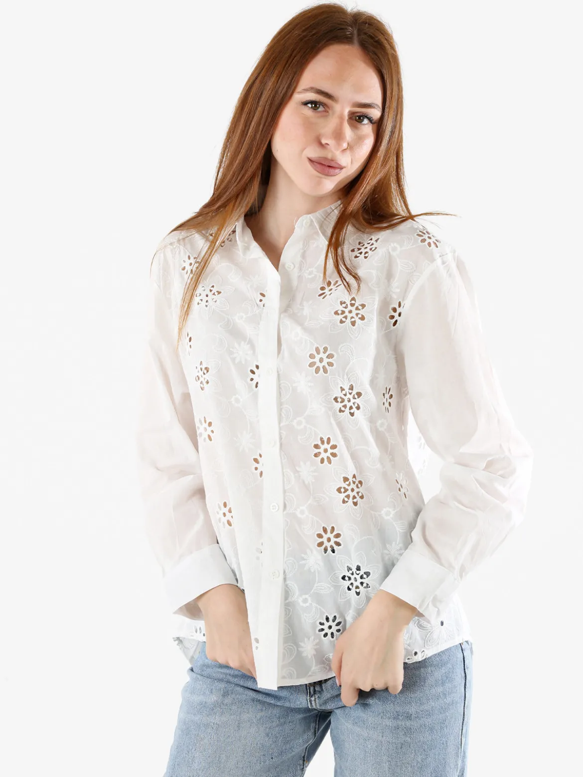 Solada Camicia donna in cotone a maniche lunghe con ricami traforati - bianco