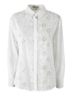 Solada Camicia donna in cotone a maniche lunghe con ricami traforati - bianco