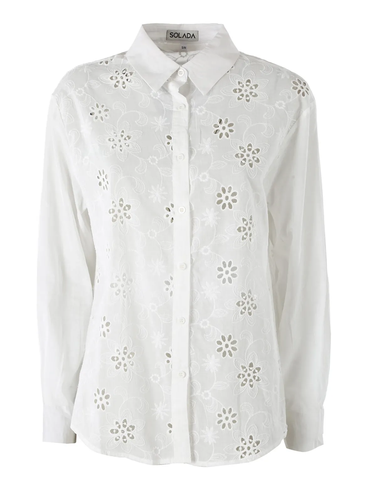 Solada Camicia donna in cotone a maniche lunghe con ricami traforati - bianco