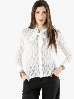 Solada Camicia donna in pizzo a maniche lunghe con dettagli effetto raso - bianco