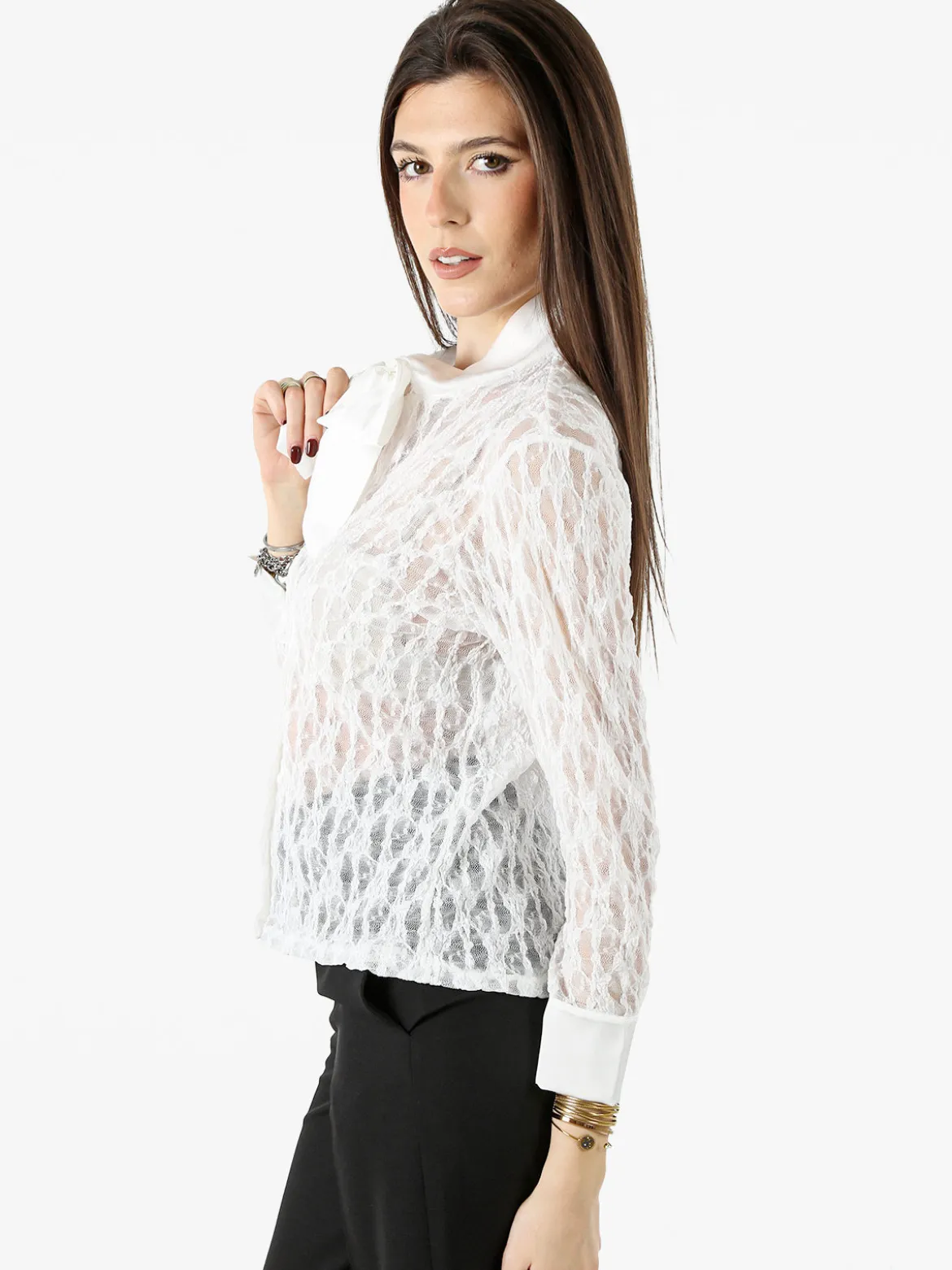 Solada Camicia donna in pizzo a maniche lunghe con dettagli effetto raso - bianco