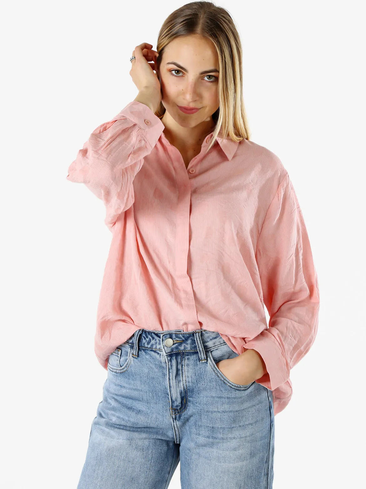 Solada Camicia donna oversize a maniche lunghe in misto cotone - rosa