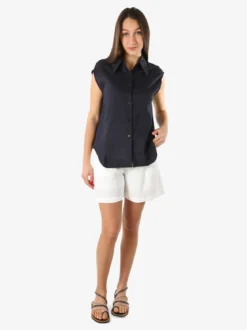 Solada Camicia donna smanicata in misto lino - blu scuro