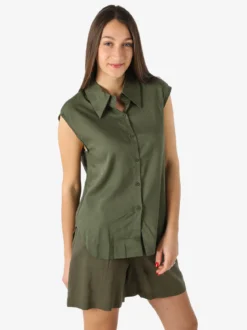 Solada Camicia donna smanicata in misto lino - militare