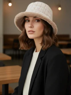 Solada Cappello donna in tweed con bordo in ecopelliccia - beige