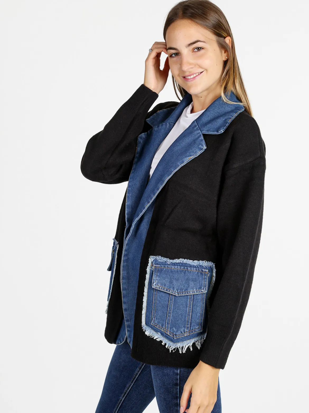Solada Cardigan donna in maglia con inserti jeans - nero