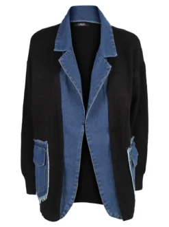 Solada Cardigan donna in maglia con inserti jeans - nero