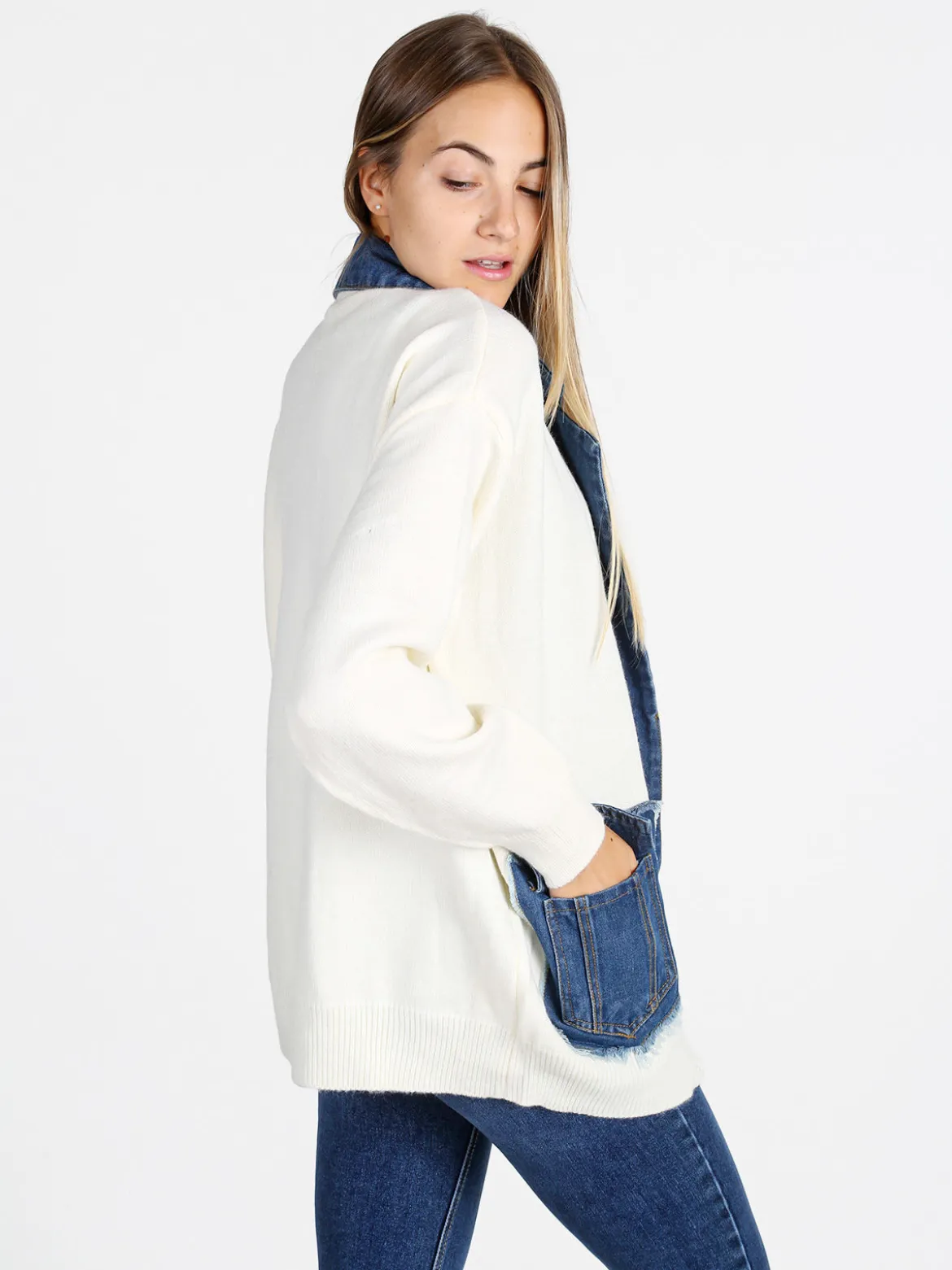 Solada Cardigan donna in maglia con inserti jeans - panna