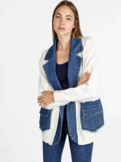 Solada Cardigan donna in maglia con inserti jeans - panna