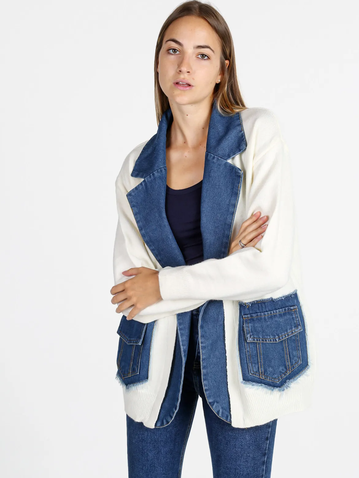 Solada Cardigan donna in maglia con inserti jeans - panna