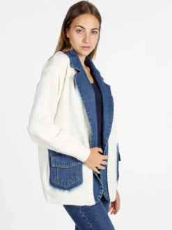 Solada Cardigan donna in maglia con inserti jeans - panna