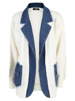 Solada Cardigan donna in maglia con inserti jeans - panna