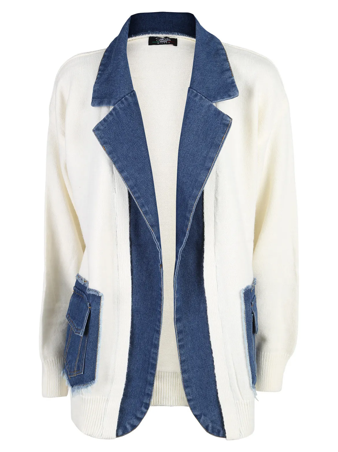 Solada Cardigan donna in maglia con inserti jeans - panna