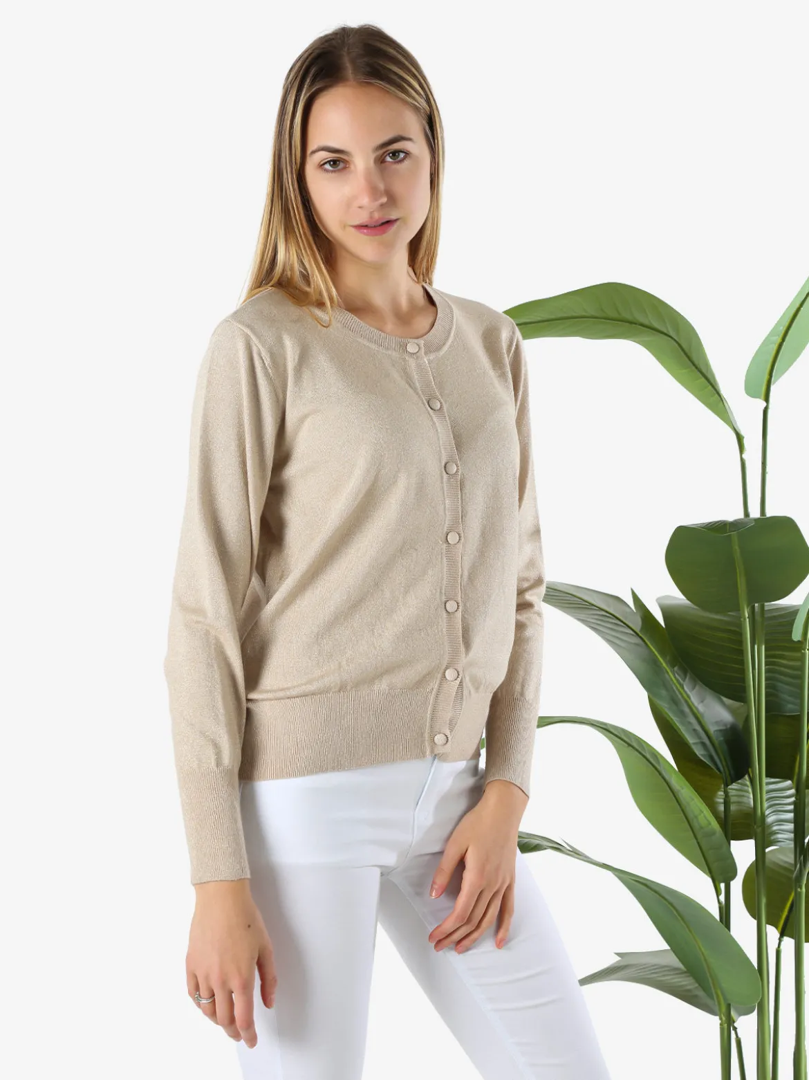 Solada Cardigan donna lurex in maglia con bottoni - beige