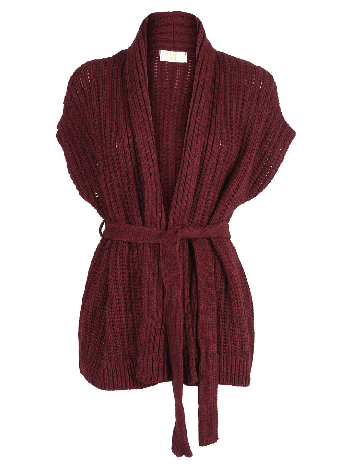 Solada Cardigan donna smanicato in maglia traforata con cintura - bordeaux