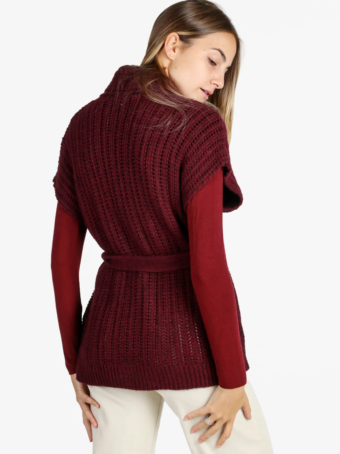 Solada Cardigan donna smanicato in maglia traforata con cintura - bordeaux