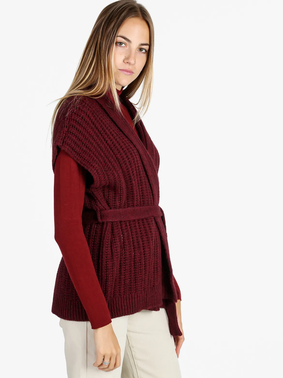 Solada Cardigan donna smanicato in maglia traforata con cintura - bordeaux