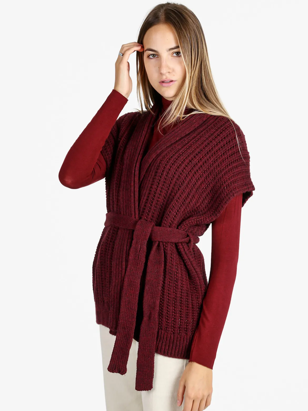 Solada Cardigan donna smanicato in maglia traforata con cintura - bordeaux