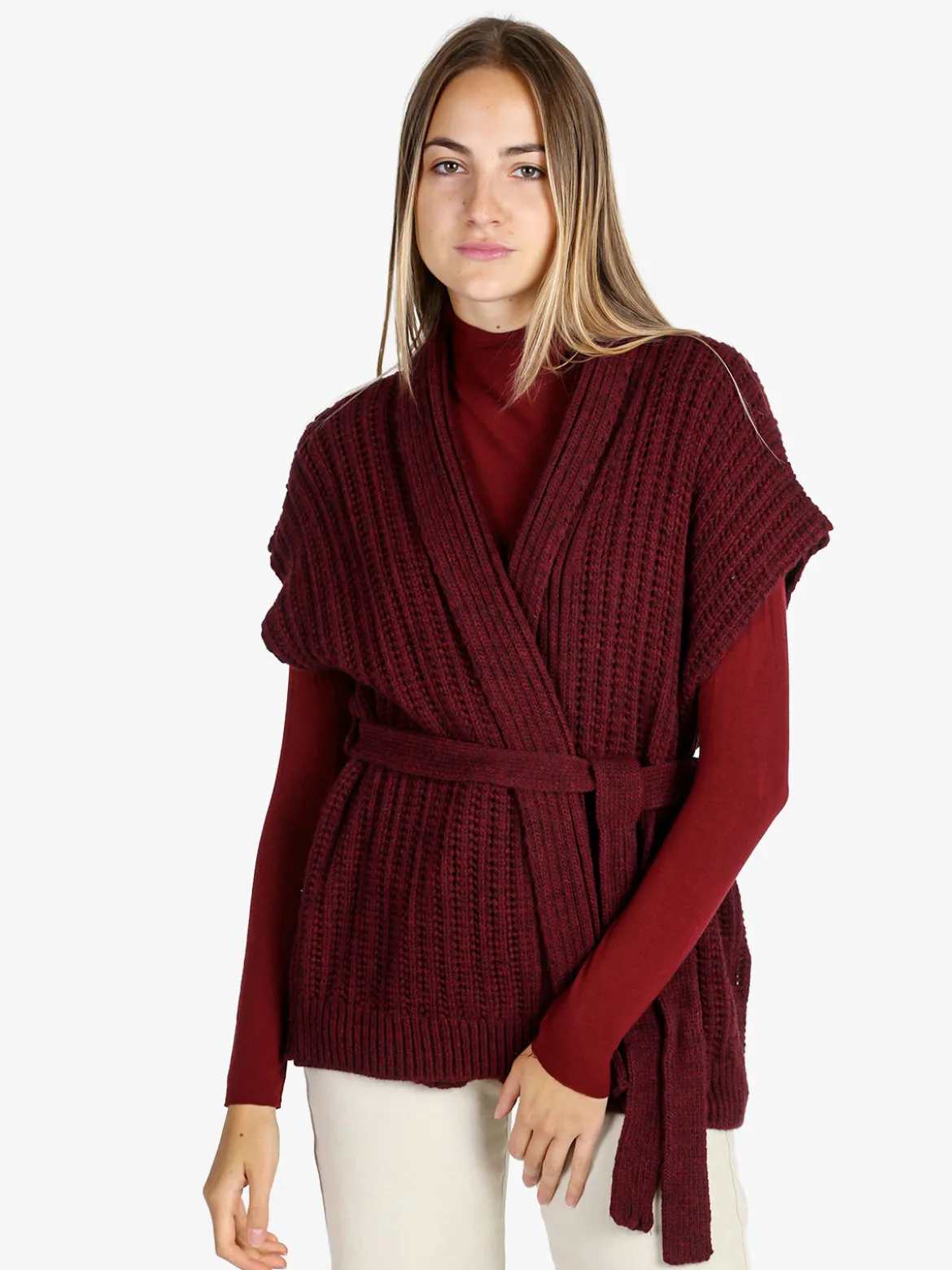 Solada Cardigan donna smanicato in maglia traforata con cintura - bordeaux
