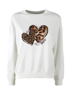 Solada Felpa donna girocollo con stampa cuori animalier - bianco