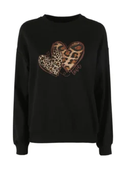 Solada Felpa donna girocollo con stampa cuori animalier - nero