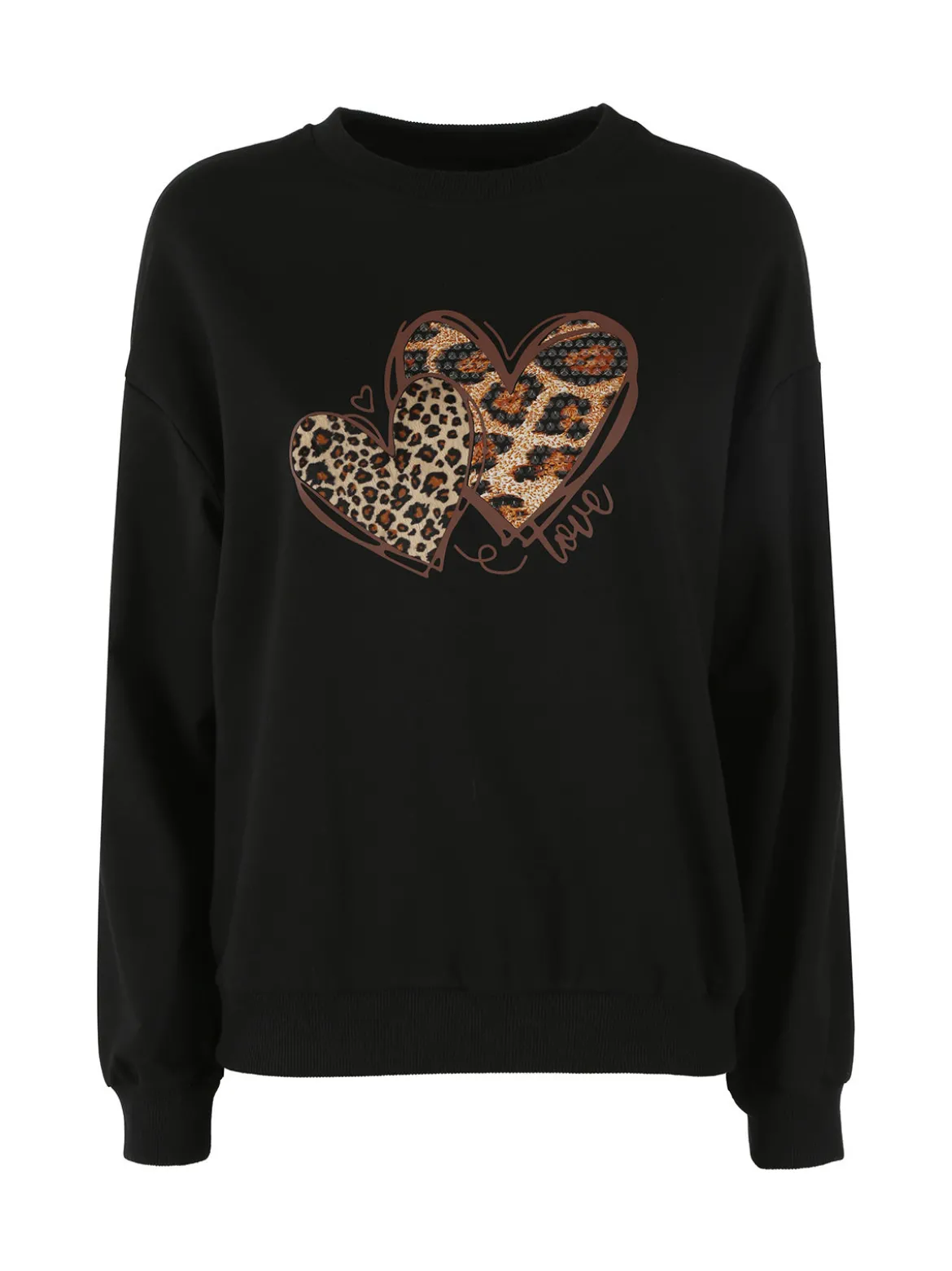 Solada Felpa donna girocollo con stampa cuori animalier - nero