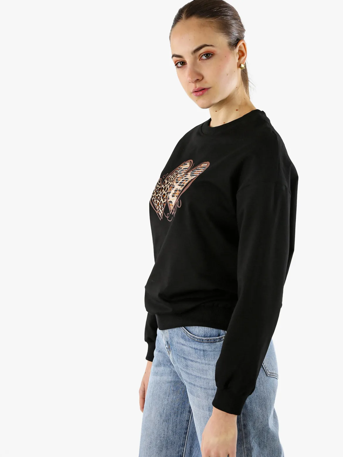 Solada Felpa donna girocollo con stampa cuori animalier - nero