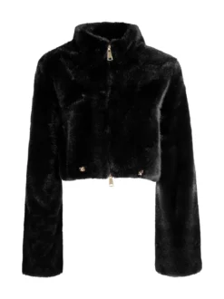 Solada Giacca donna cropped in pelliccia sintetica con coulisse - nero