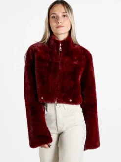 Solada Giacca donna cropped in pelliccia sintetica con coulisse - bordeaux