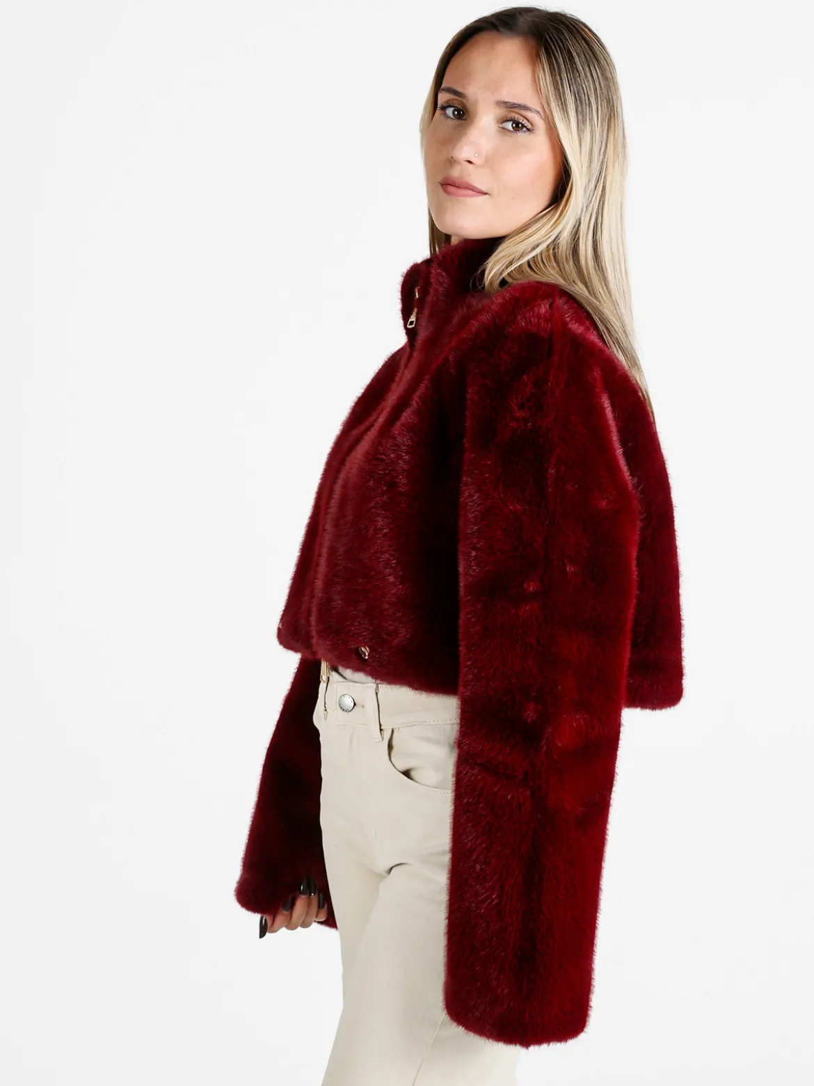 Solada Giacca donna cropped in pelliccia sintetica con coulisse - bordeaux