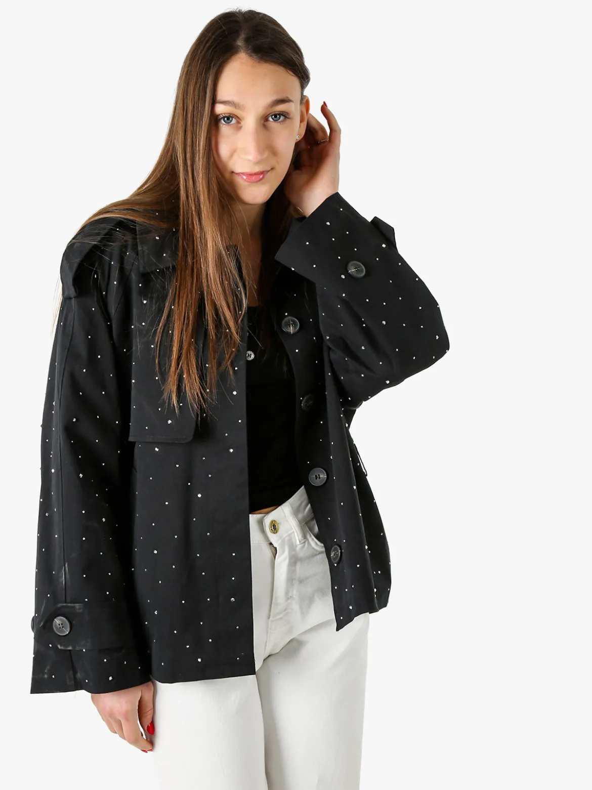 Solada Giacca donna oversize in cotone con micro borchie - nero